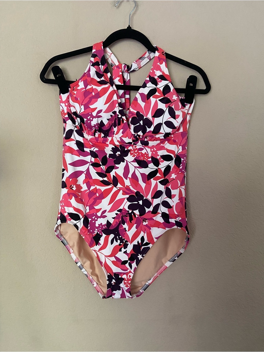 Lands End Swimsuit Women 10 Purple Multi Floral Swimwear Beach Tropical Halter